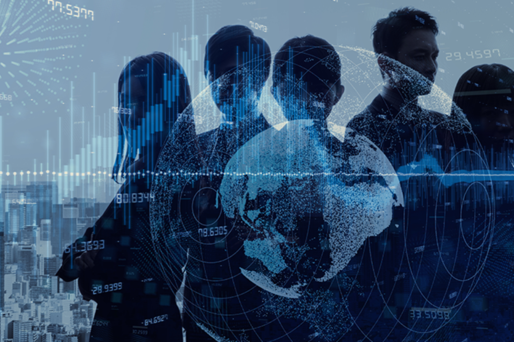 Silhouettes of a professional business team with global digital data visualization, analytics charts, and technology network overlays.