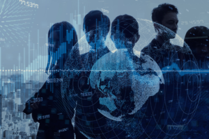 Silhouettes of a professional business team with global digital data visualization, analytics charts, and technology network overlays.