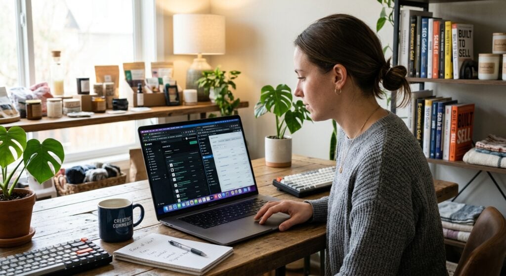 A female digital marketer sitting at a wooden desk in a cozy home office, reviewing an e-commerce platform dashboard on her laptop while comparing Shopify vs WooCommerce notes in a notebook.