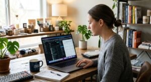 A female digital marketer sitting at a wooden desk in a cozy home office, reviewing an e-commerce platform dashboard on her laptop while comparing Shopify vs WooCommerce notes in a notebook.